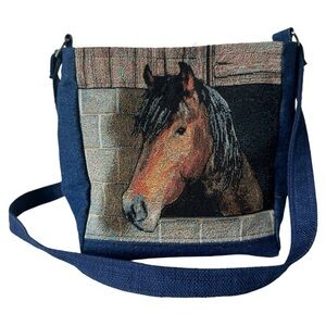 Handmade Fabric Horse Crossbody Shoulder Bag Blue Cotton Floral Interior
